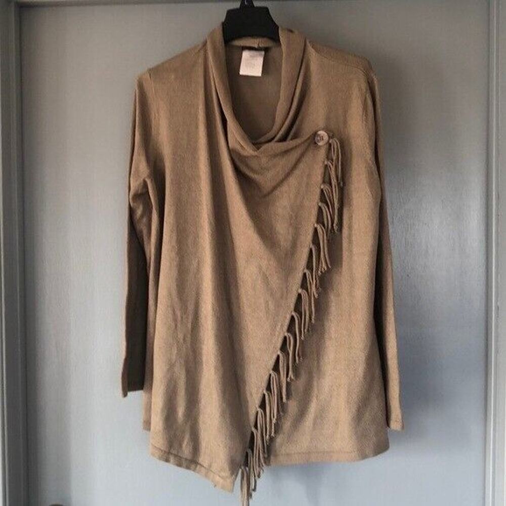 Ambria Selection Fringe Wrap Cardigan Sweater 1 Button Knit tan Size 10
